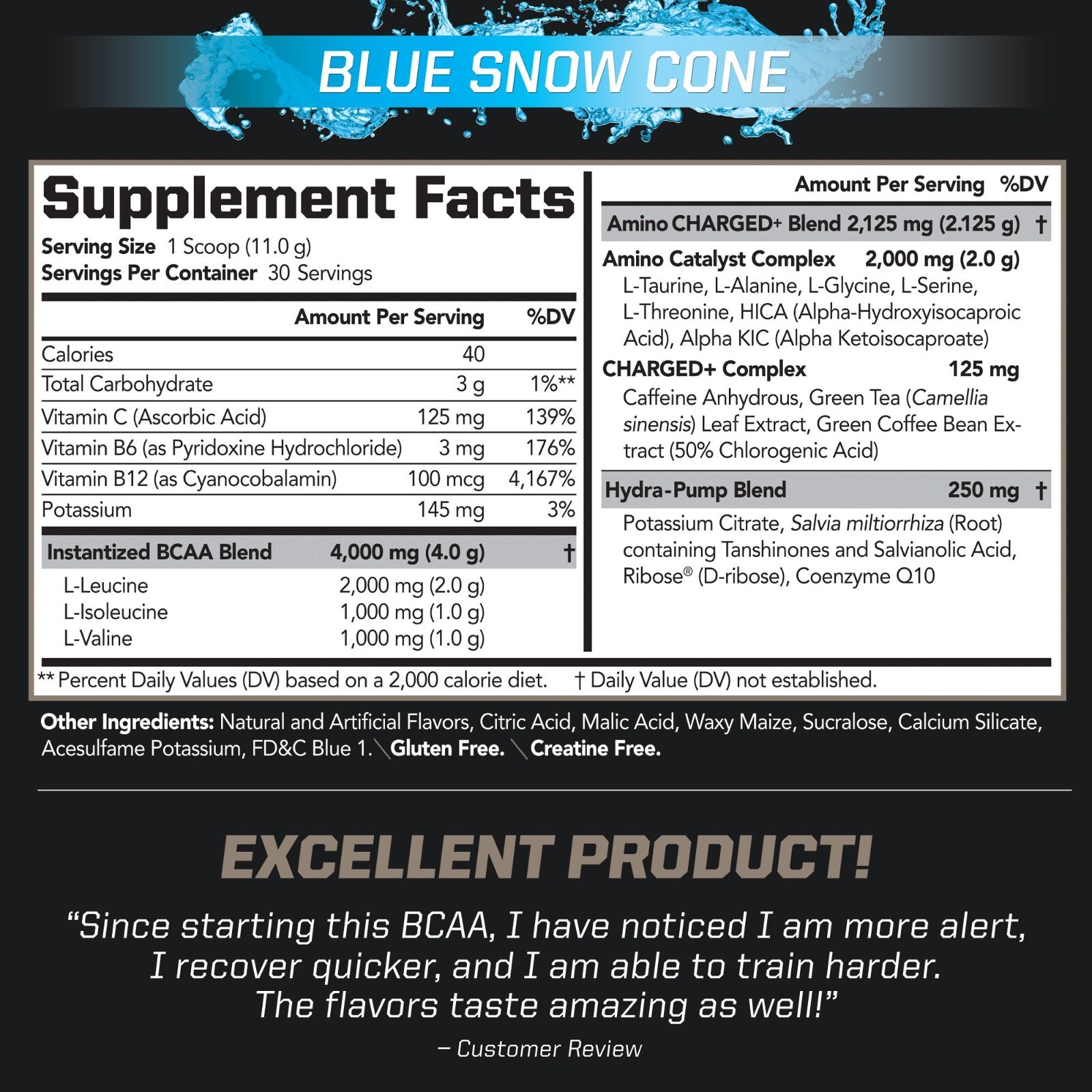 BCAA Charged Amino Acid Drink-Performance – Recovery – Blue Snow Cone (30 Serve)