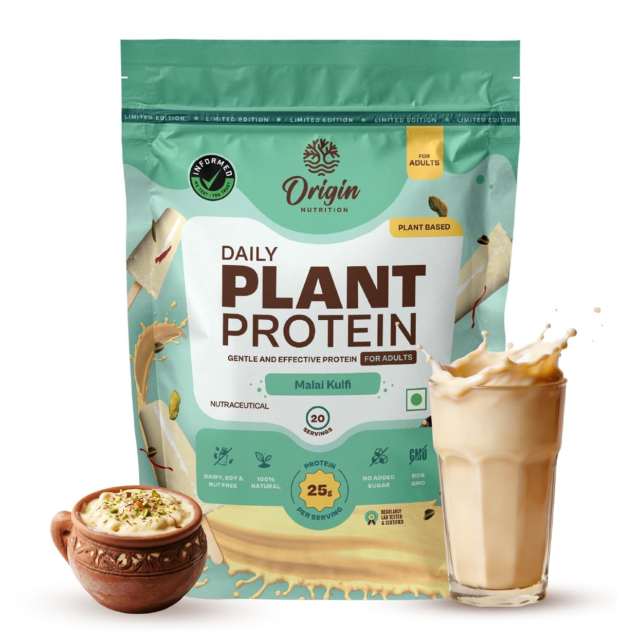 Origin Nutrition Vegan Protein Powder Kulfi Flavor 25g Protein 20 Servings