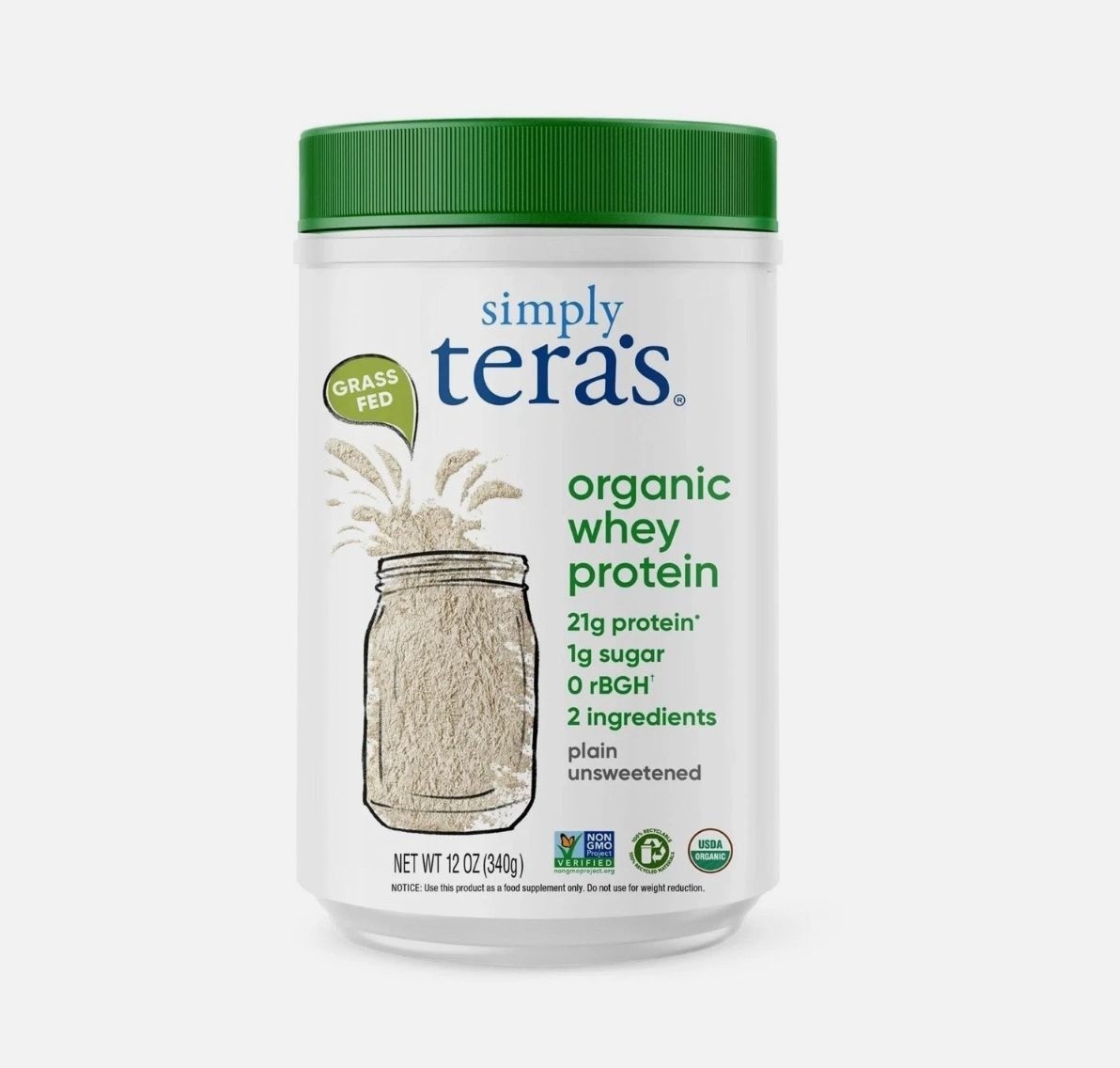 Simply Tera’s Organic Whey Protein Powder Plain Unsweetened 12oz/12 Servings