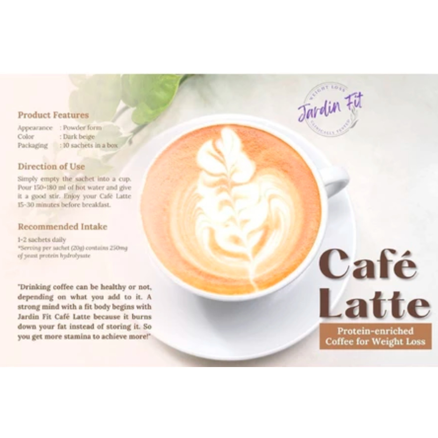 Jardin Pharma Cafe Latte No Sugar Added Coffee Mix with Fiber &Protein 10sachet