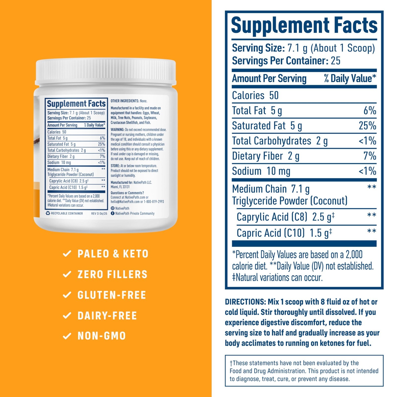 Keto MCT Oil Powder Unflavored, C8 & C10, 25 Servings, Coconut-Based, Dairy-Free