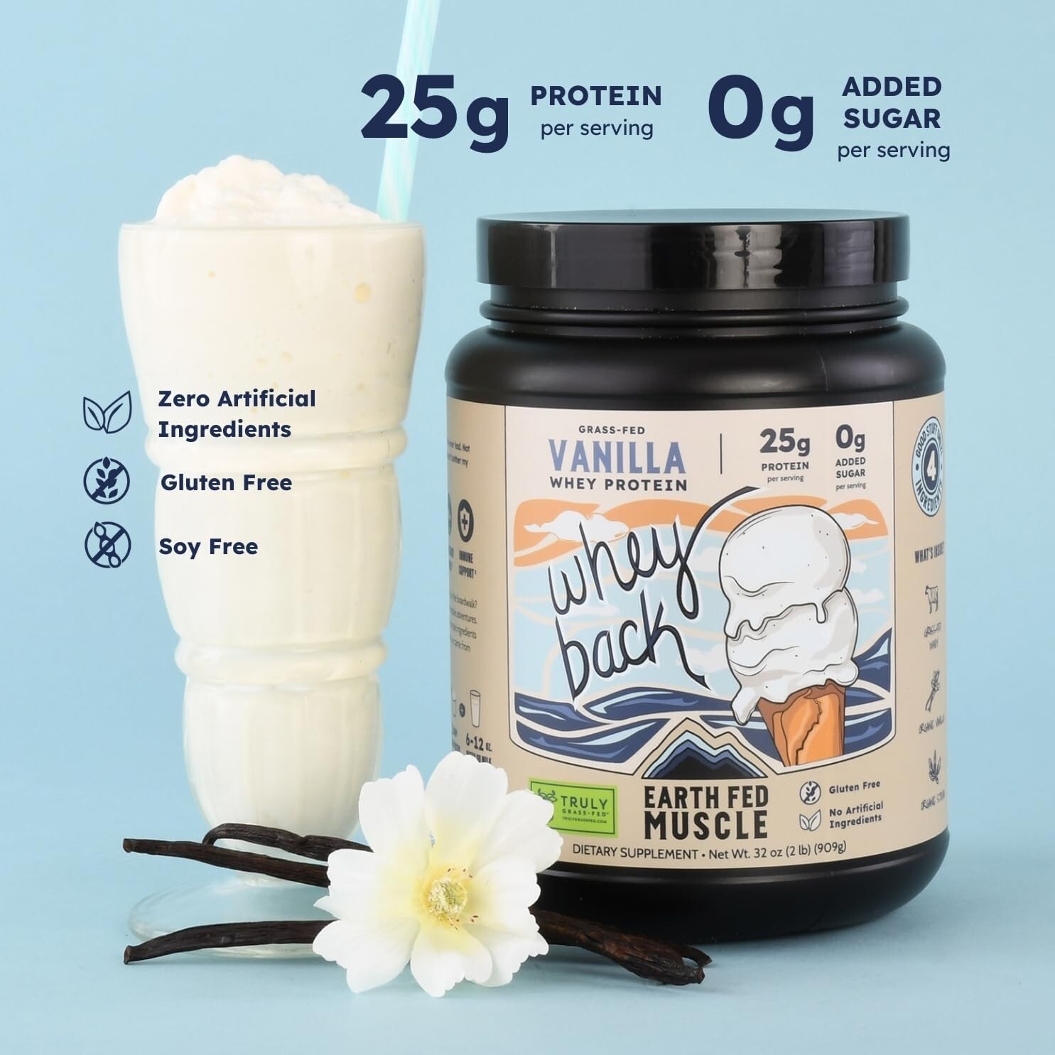Vanilla Whey Protein Powder 2lb – Truly Grass Fed, No Additives, Easy Blend