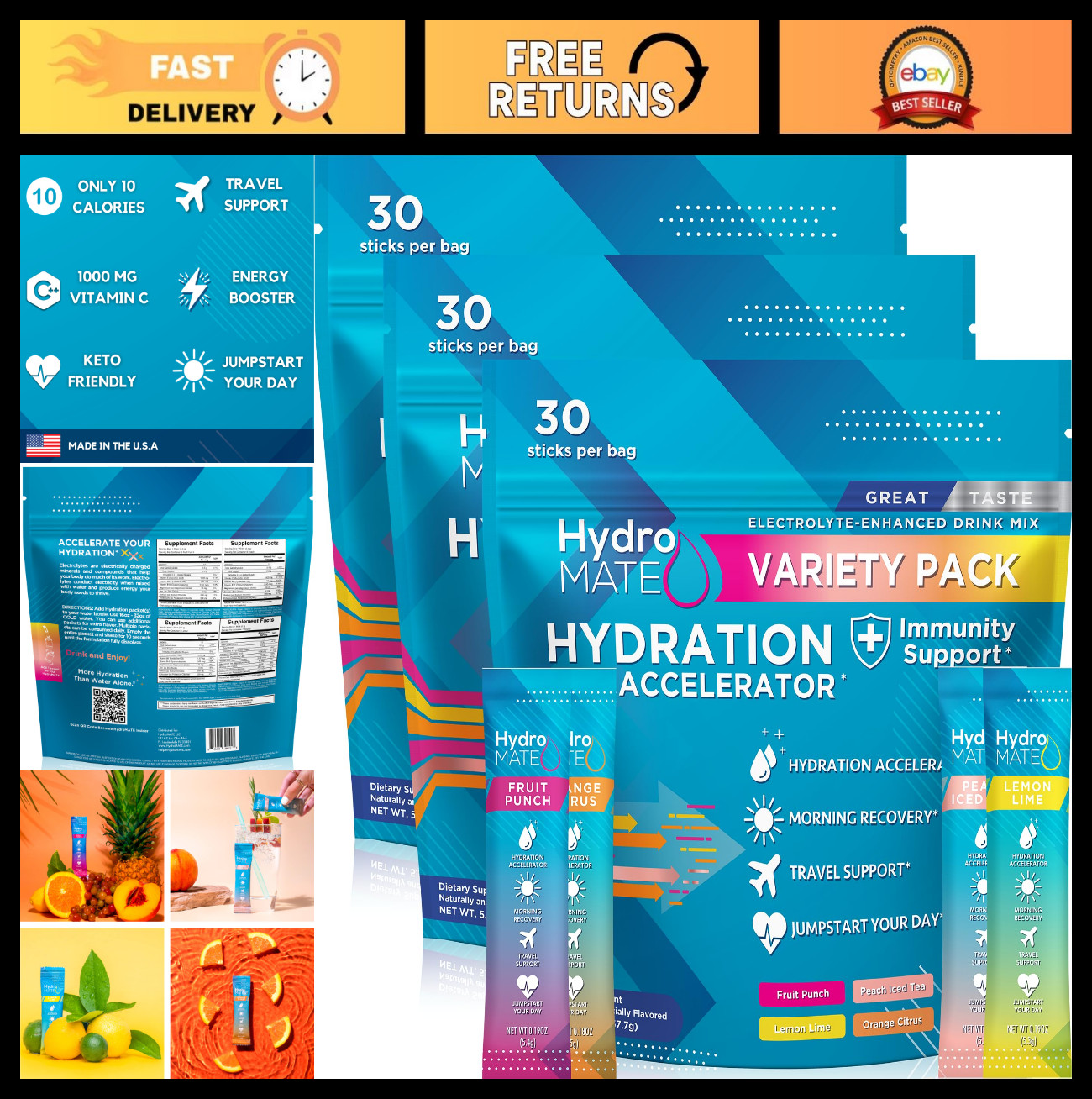 Electrolyte Powder Variety Pack – Bulk Hydration Packets, Low Sugar, 90 Count