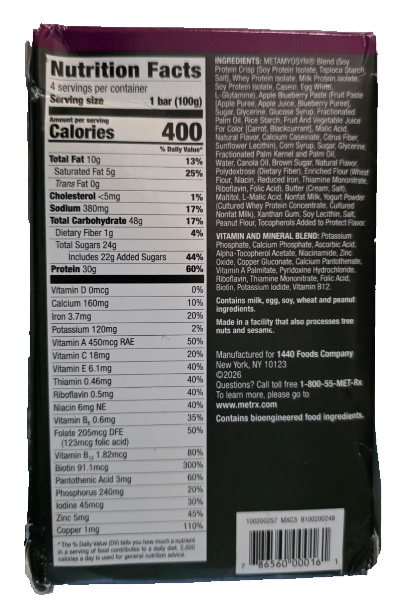 MET-Rx Big 100 High Protein Meal Replacement Bars BLUEBERRY COBBLER 3/2027