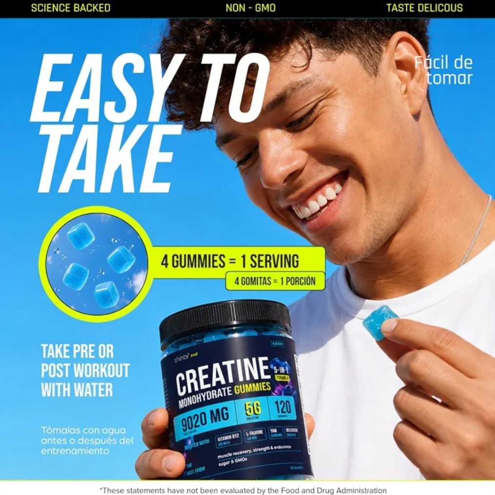 Thinbi Creatine Gummies Men & Women 9020mg 5-in-1 Complex Sugar Free Blueberry