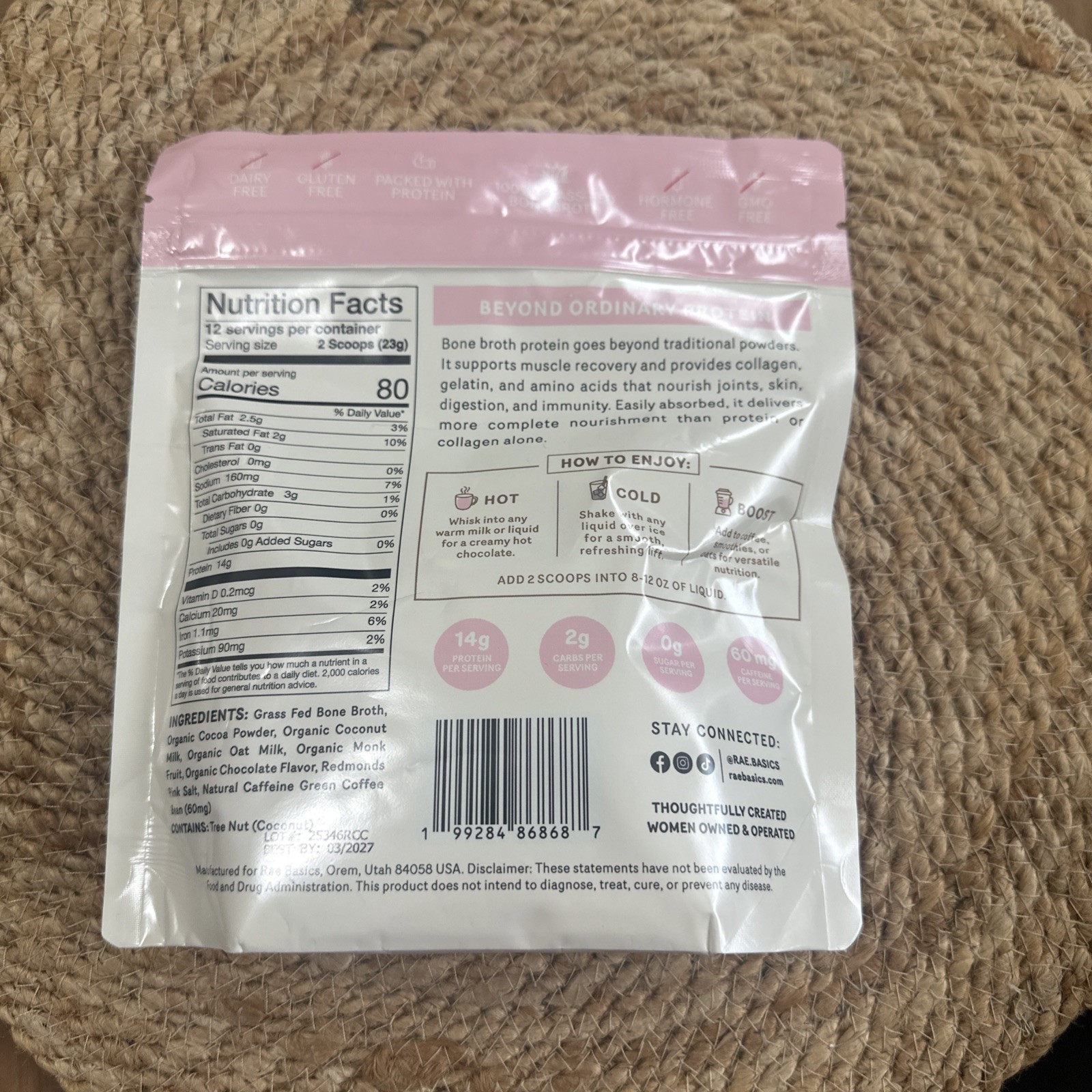 Rae Basics Bone Broth Protein Mix 8.8 Oz Cafffinated Chocó