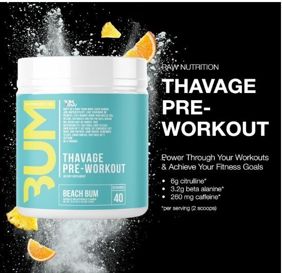 RAW Pre Workout Powder Thavage Beach Bum Sports Nutrition Supplement 40 Servings