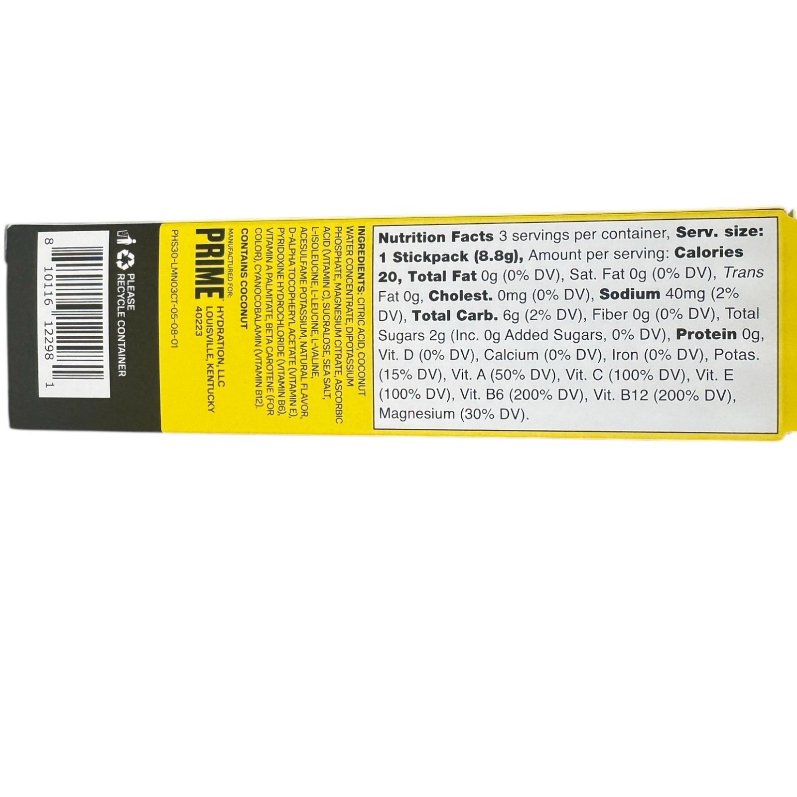 Prime Hydration Lemonade Electrolyte Drink Mix 9 Sticks Total (3 Boxes)