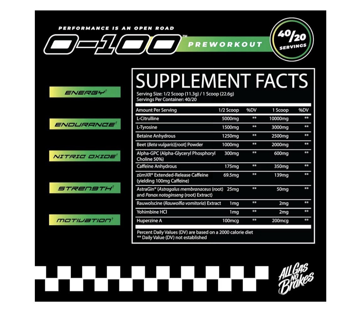 AGNB 0-100 Pre Workout Powder | 10g L-Citrulline, 450mg Caffeine, Alpha-GPC
