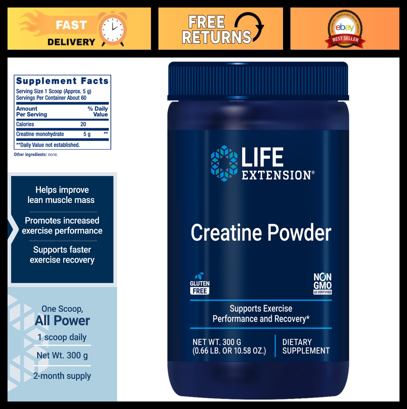 Creatine Monohydrate Powder for Muscle Support & Exercise Recovery, Gluten-Free,