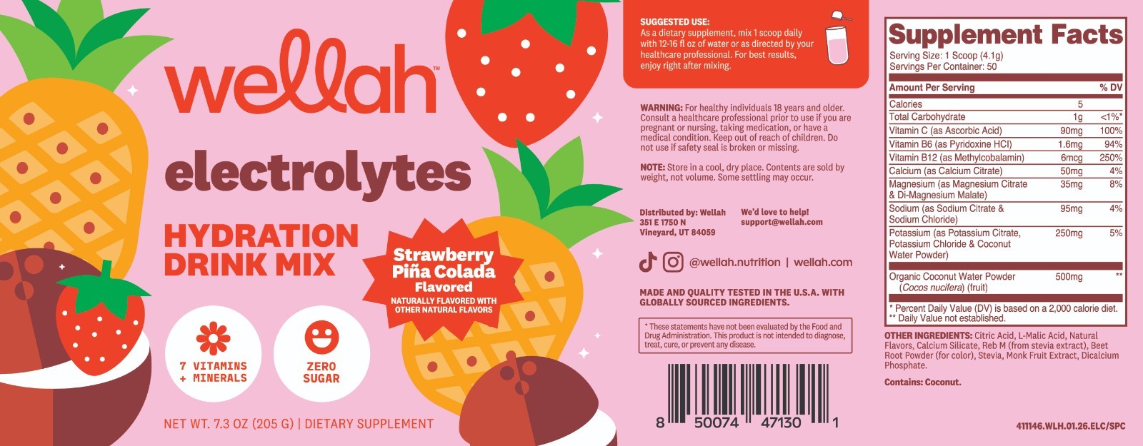 Wellah Electrolytes Powder (Strawberry Pina Colada) 50 Servings – Hydration Mix