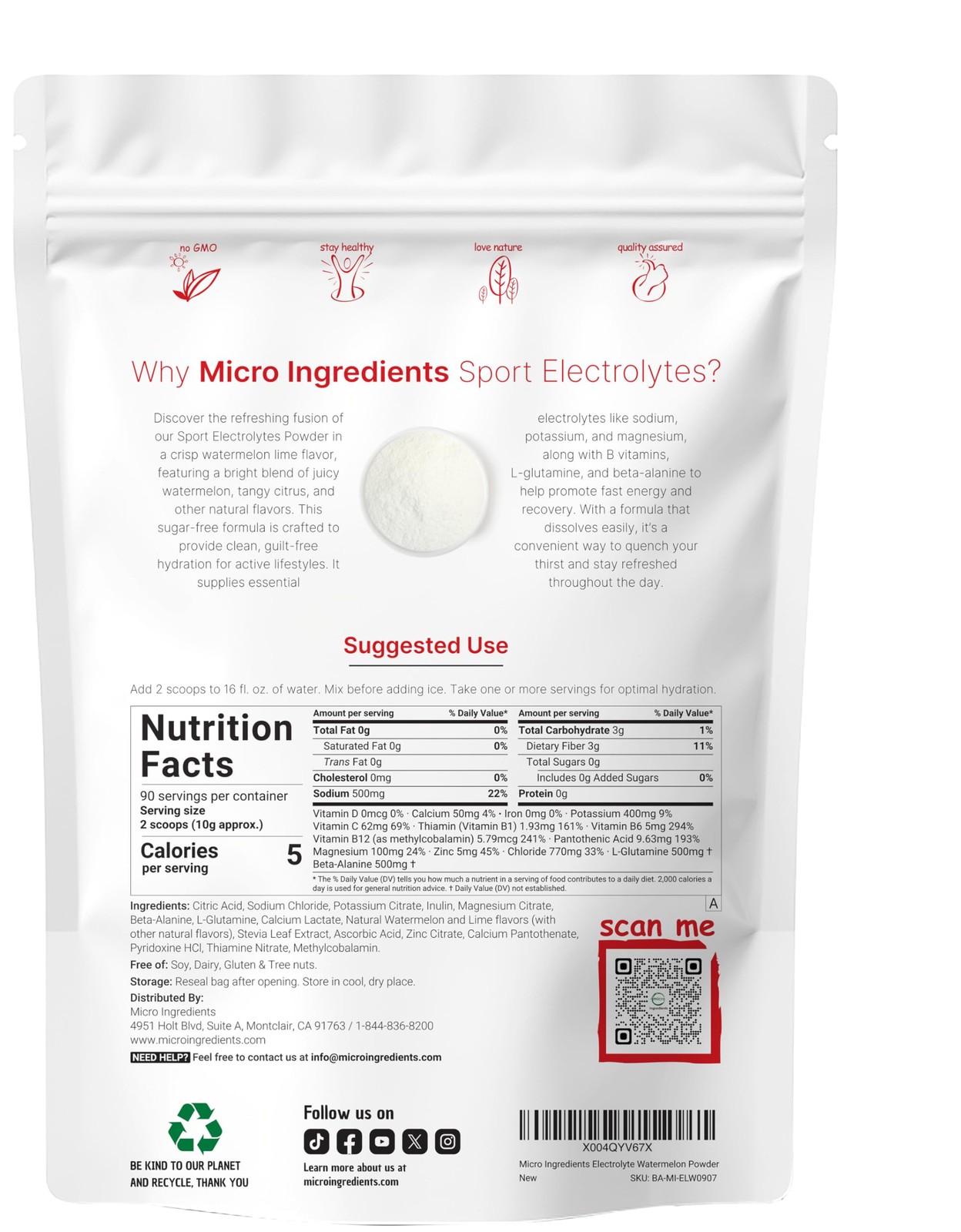 Micro Ingredients Electrolytes Powder, 2 lbs | 90 Servings | Sugar Free Workout