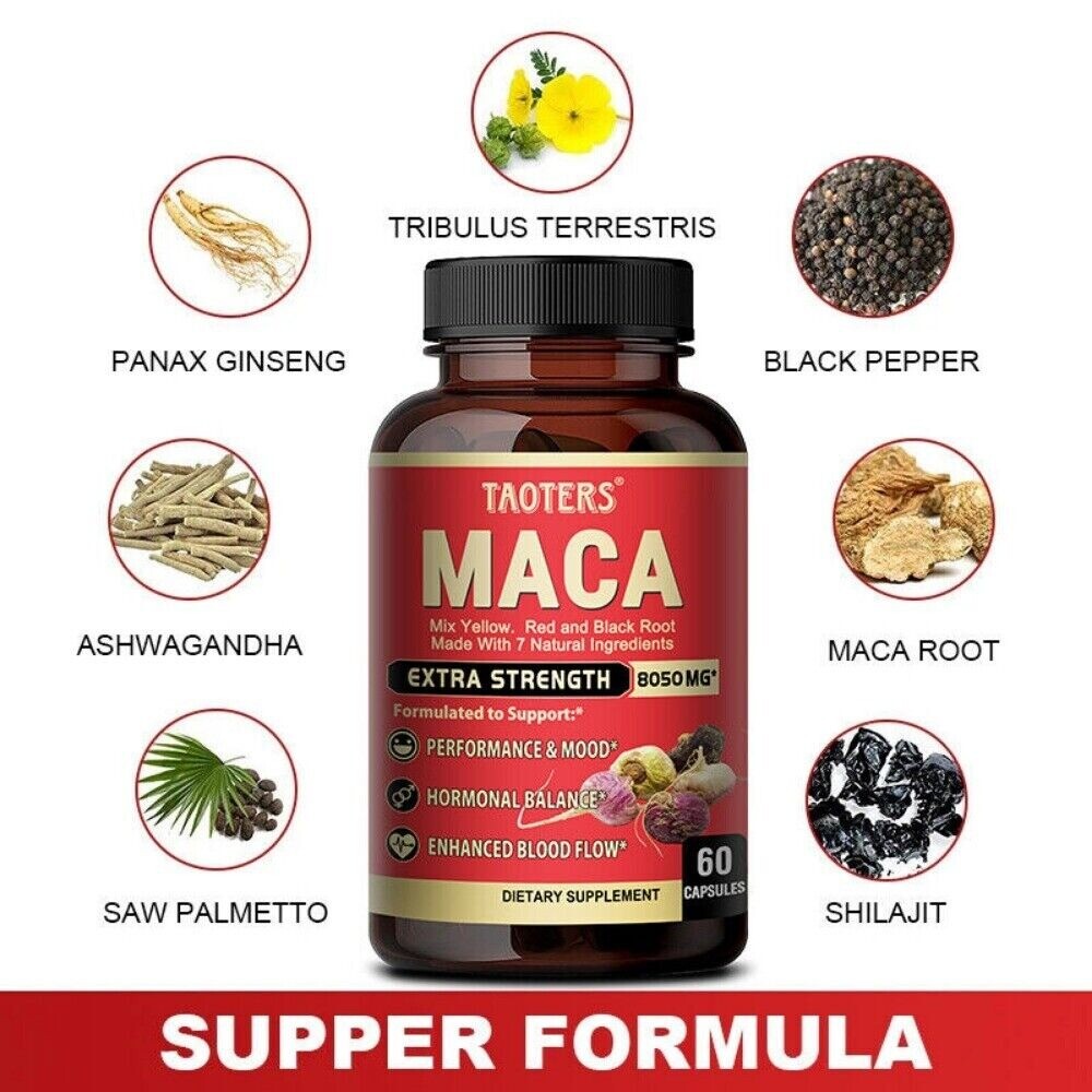 Maca Capsules 8050mg | 60 Caps | Red, Yellow, Black Maca | Ginseng, Tribulus