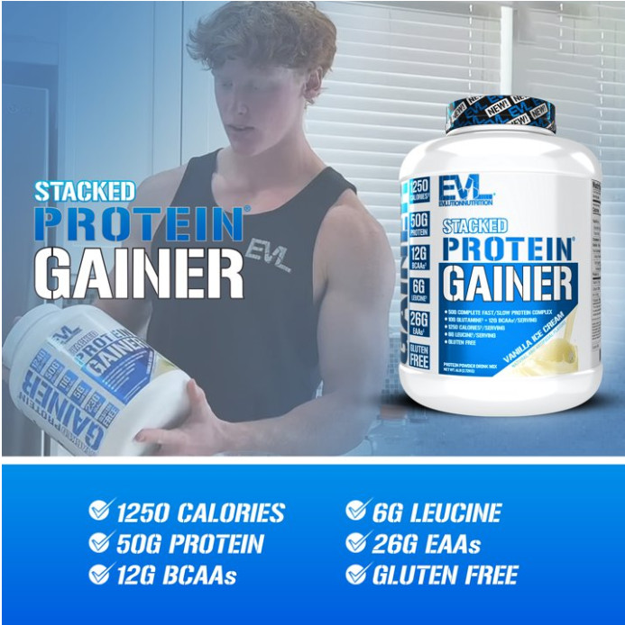 Evlution Nutrition Stacked Protein Gainer, 50 Grams Whey Protein Powder Complex,