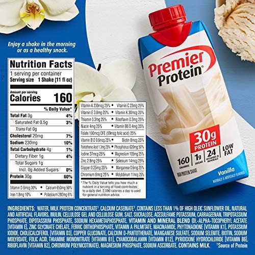 Premier Protein Shake 30g 1g Sugar 24 Vitamins Minerals, Vanilla, 44 FlOz 4 Pack