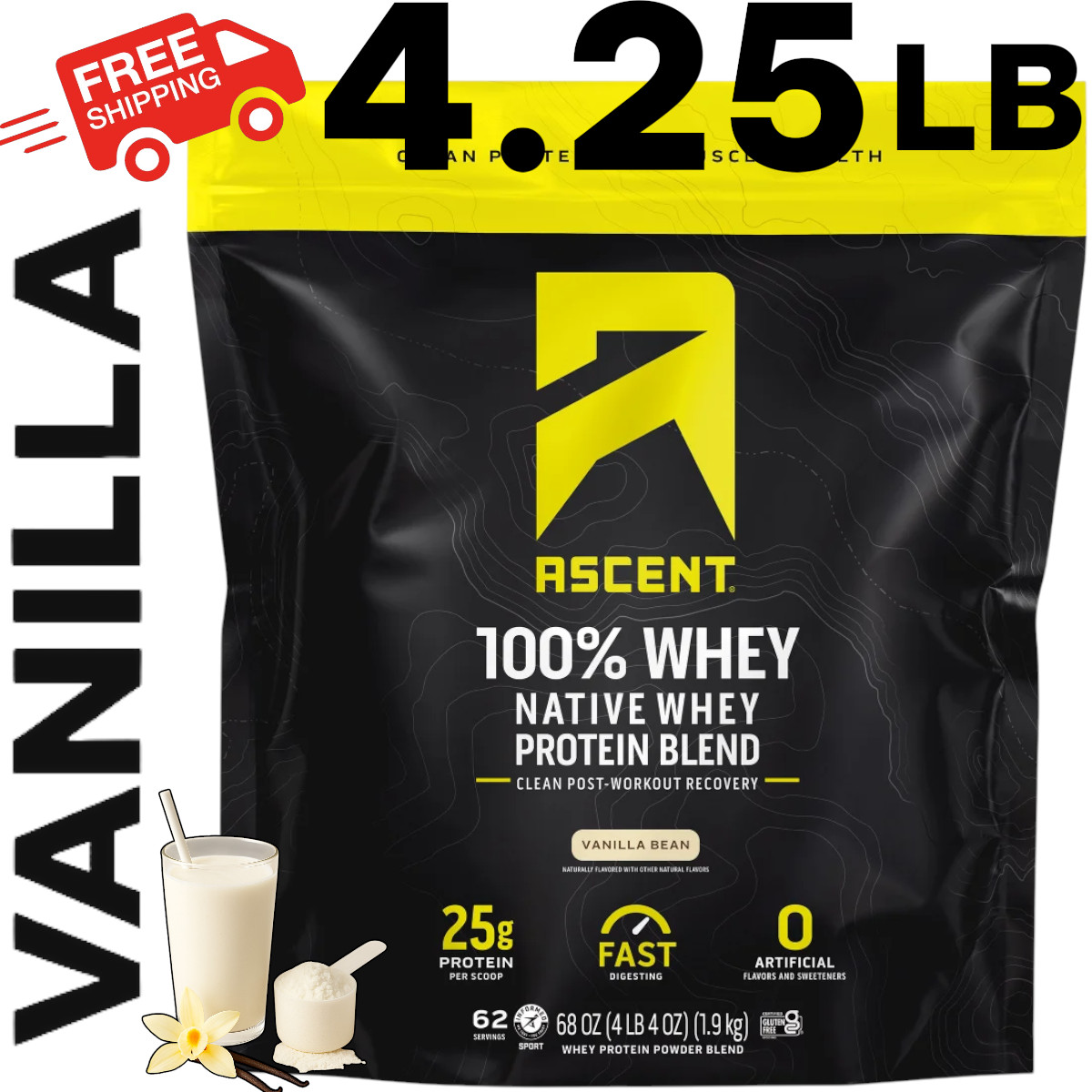 Ascent 100% Whey Protein Blend Vanilla Bean Native 4.25 LBS 62 Servings