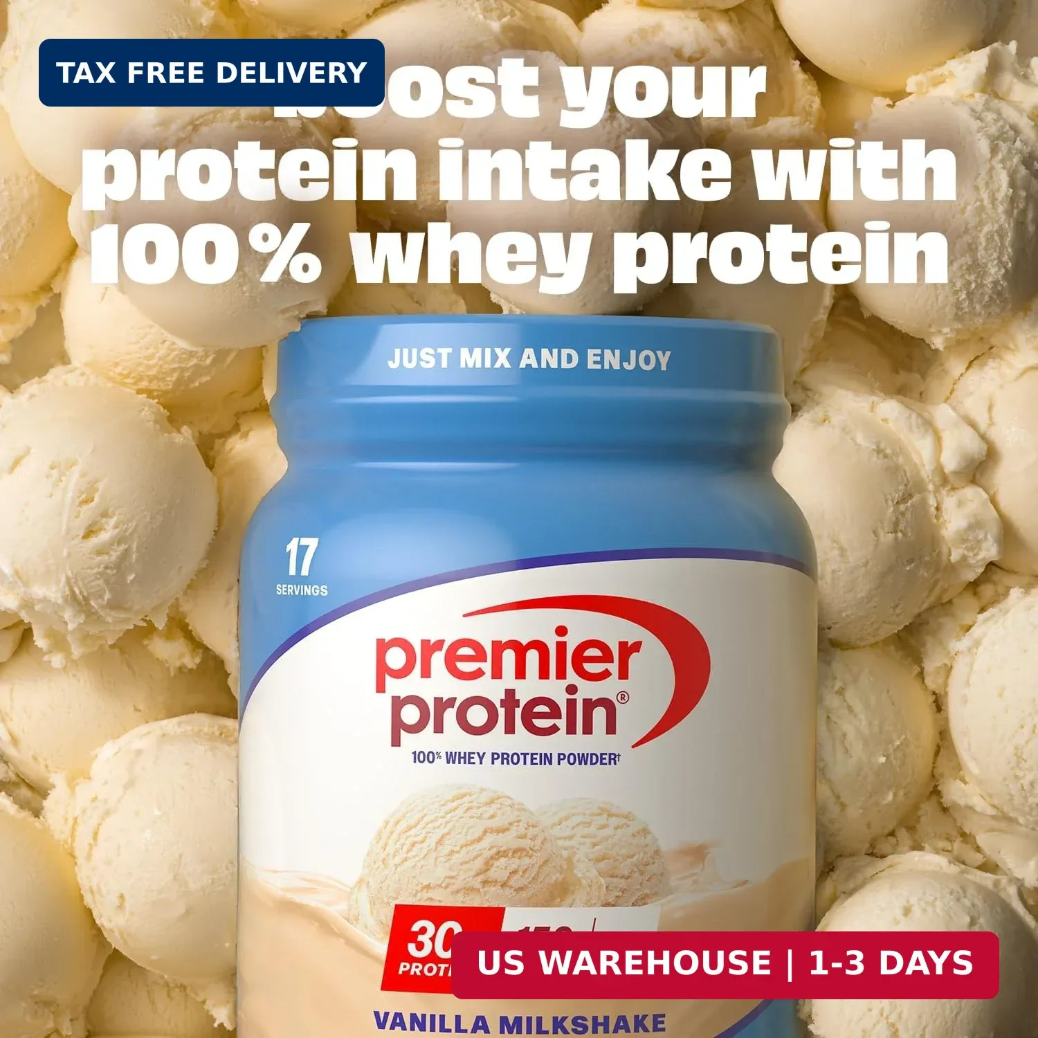 Premier Protein 30g High Protein Powder, 100% Whey, Vanilla, 17 Servings | No Ad