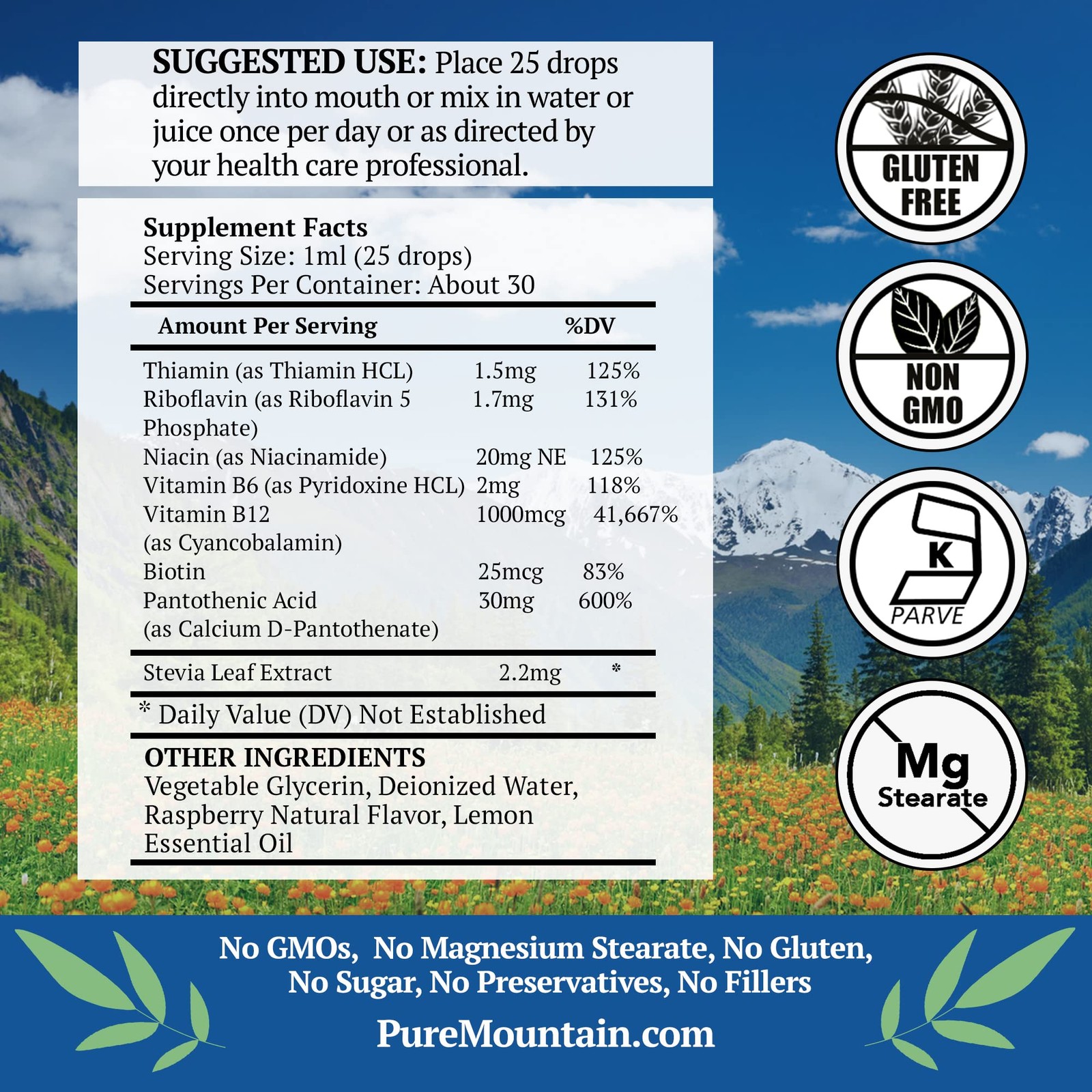 Pure Mountain Botanicals Liquid Vitamin B Complex – B12 B6 Drops – Raspberry