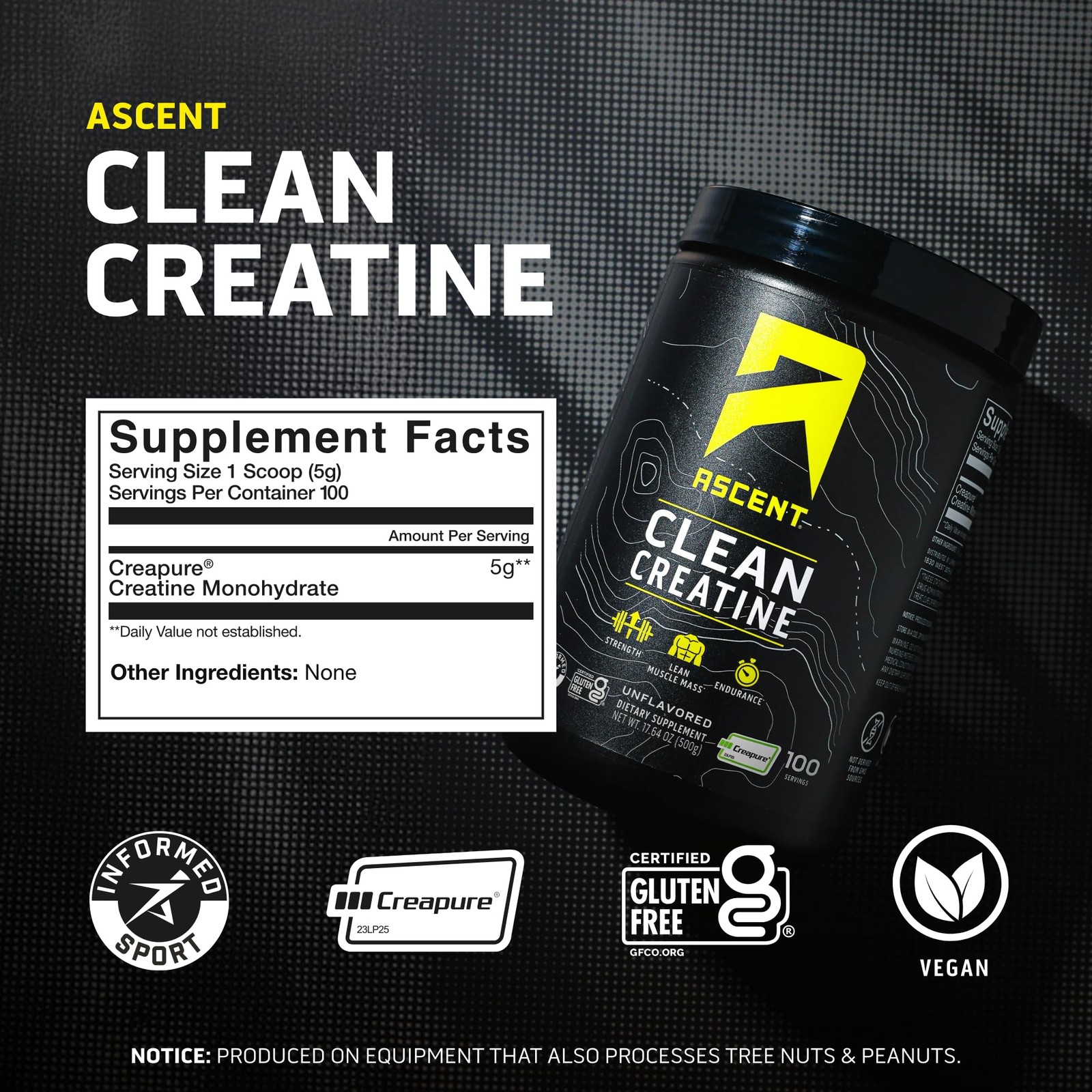 Ascent Clean Creatine Monohydrate Powder – 5G Per 100 Servings (Pack of 1)