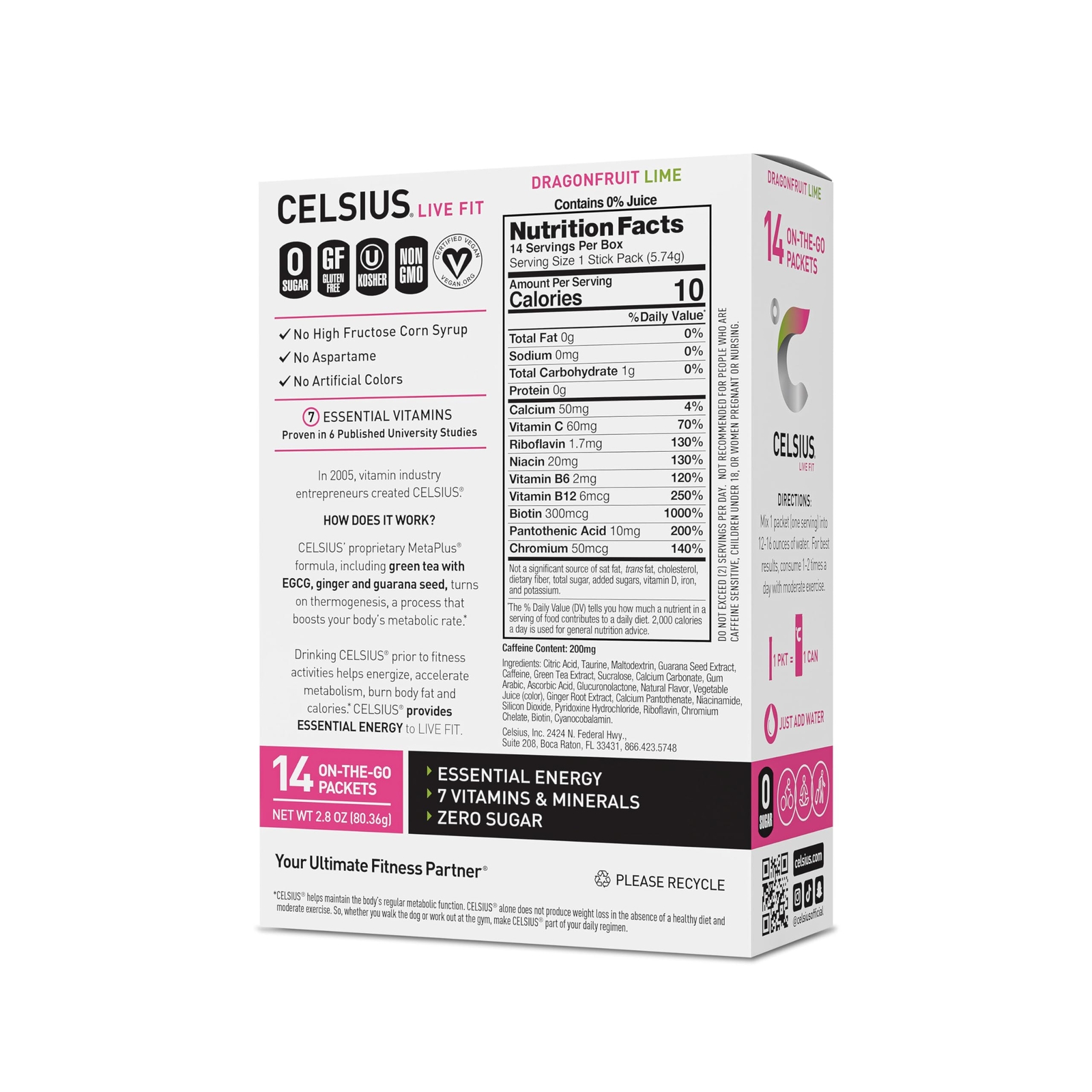 CELSIUS Dragonfruit Lime On the Go Powder Sticks 14 Count Energy Drink Mix