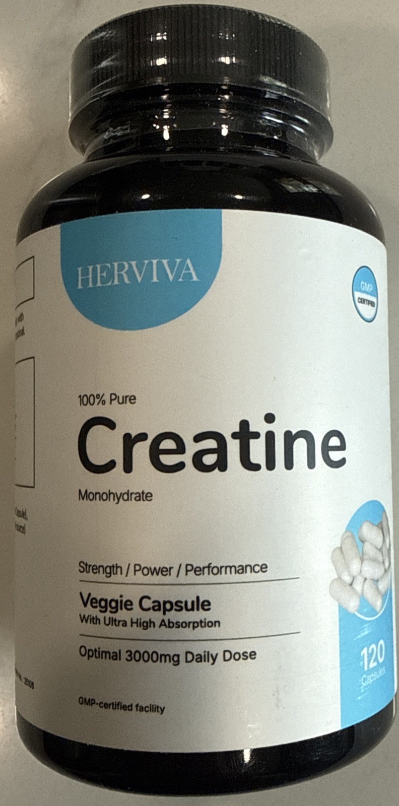 Herviva 100% Pure Creatine Monohydrate Veggie Capsules 3000 Mg 120 Count
