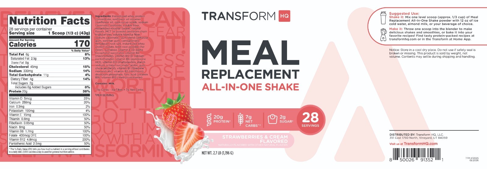 TransformHQ Meal Replacement Shake Powder 28 Servings (Strawberry & Cream)