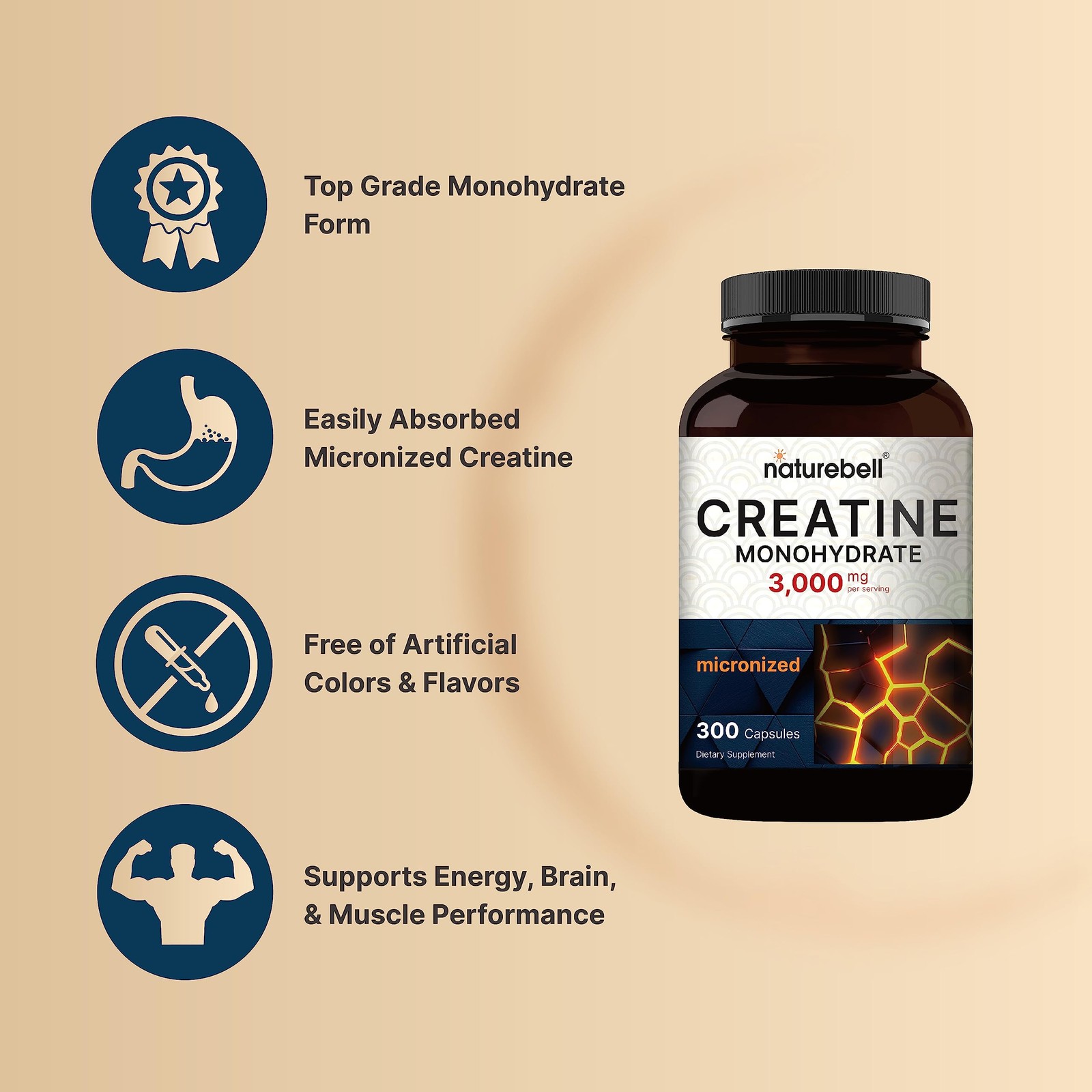 NatureBell Creatine Monohydrate Capsules 3,000mg Per 300 Count (Pack of 1)
