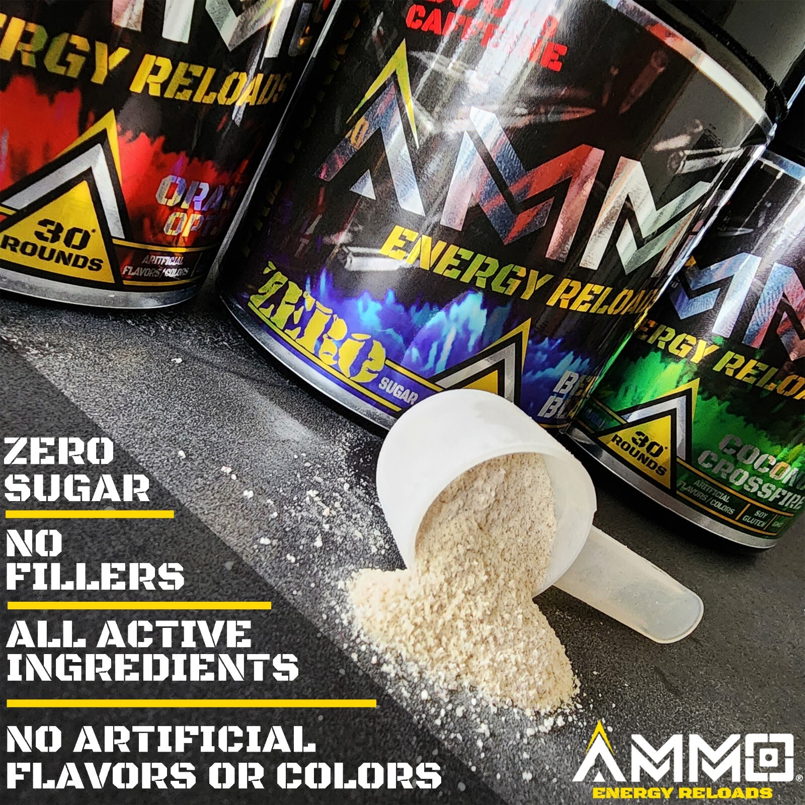 AMMO® Energy Reloads Pre Workout powder Coconut 300mg Caffeine Zero Sugar 30serv