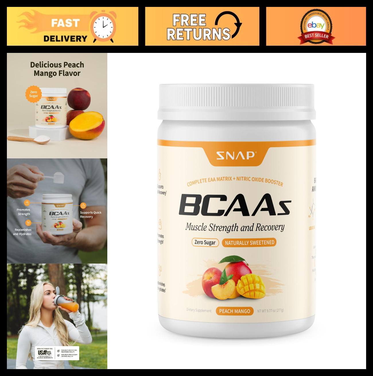 BCAA Powder Peach Mango – Essential Amino Acids, 5g Vegan, Nitric Oxide Booster,