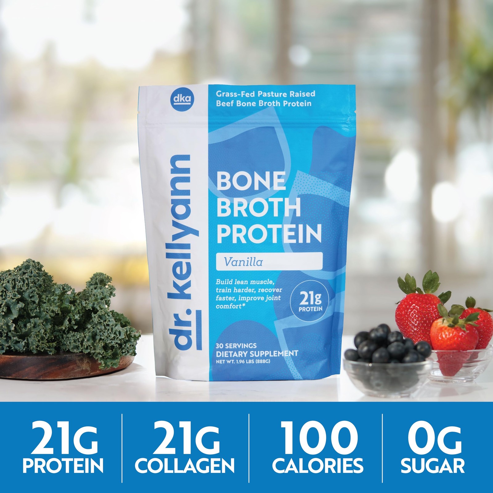 Dr. Kellyann Bone Broth Protein Powder Vanilla (30 Servings) – 21g Protein, Gras