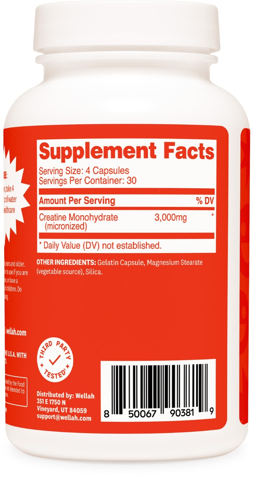 Wellah Creatine Monohydrate Capsules (3000 mg) 120 Capsules – Micronized