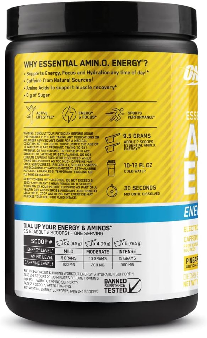 Amino Energy Powder plus Hydration, with BCAA, Electrolytes, and Caffeine, Pinea
