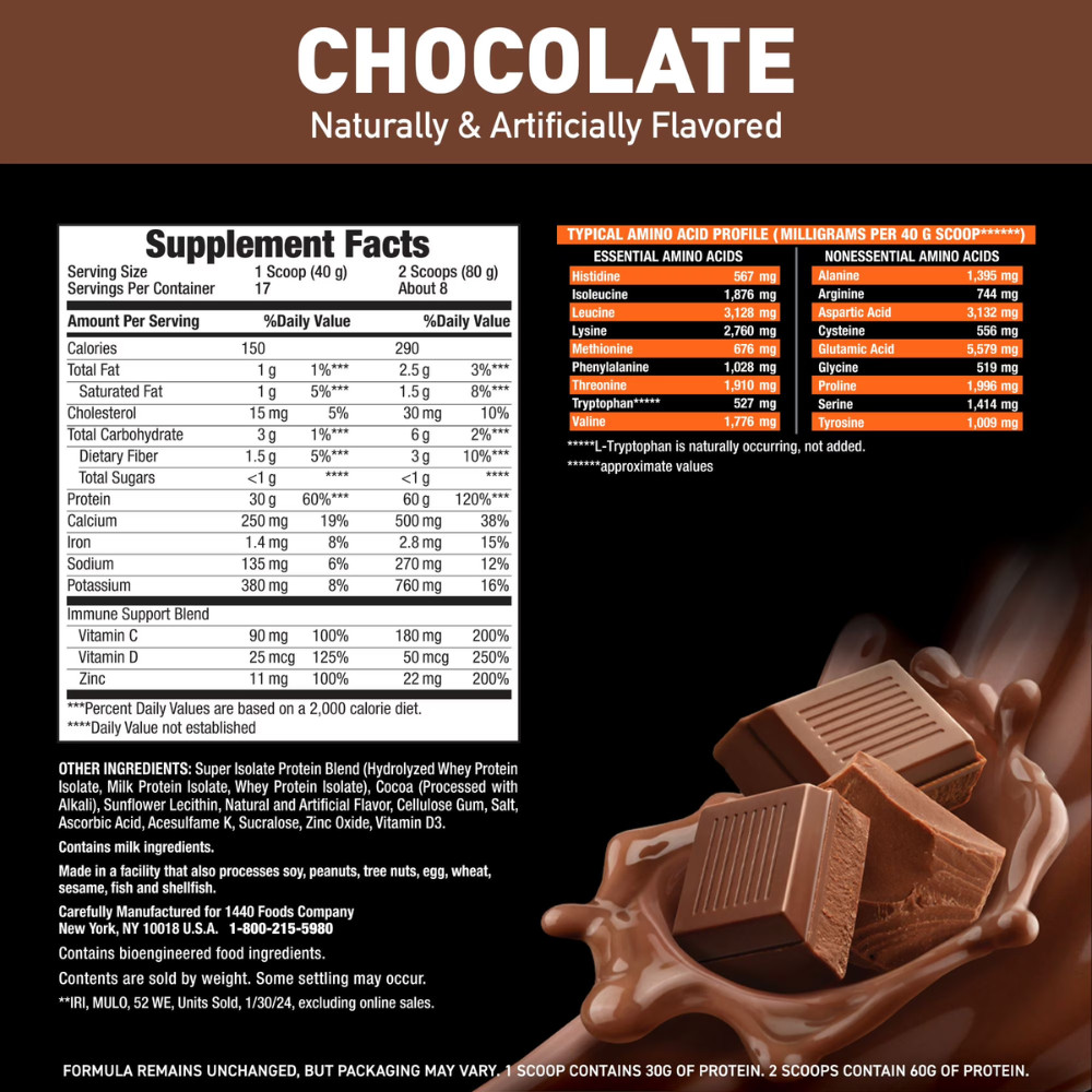 Body Fortress Isolate Protein Powder, Chocolate 1.5 lbs, 60g High Protein, BCAAs