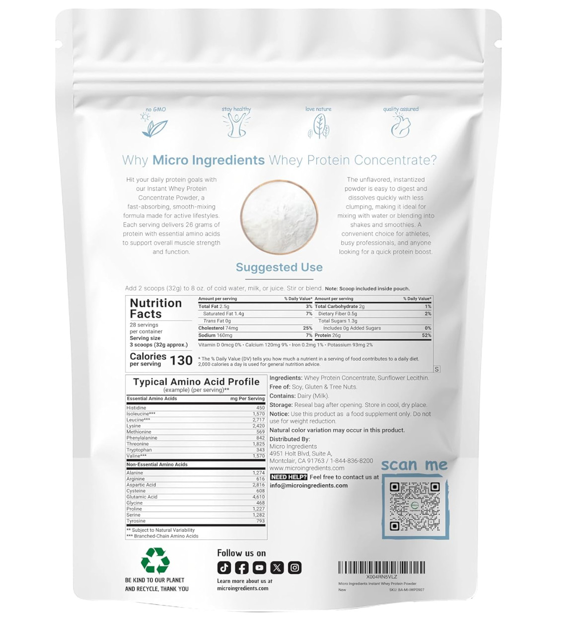 Instant Whey Protein Powder Concentrate, 2lbs