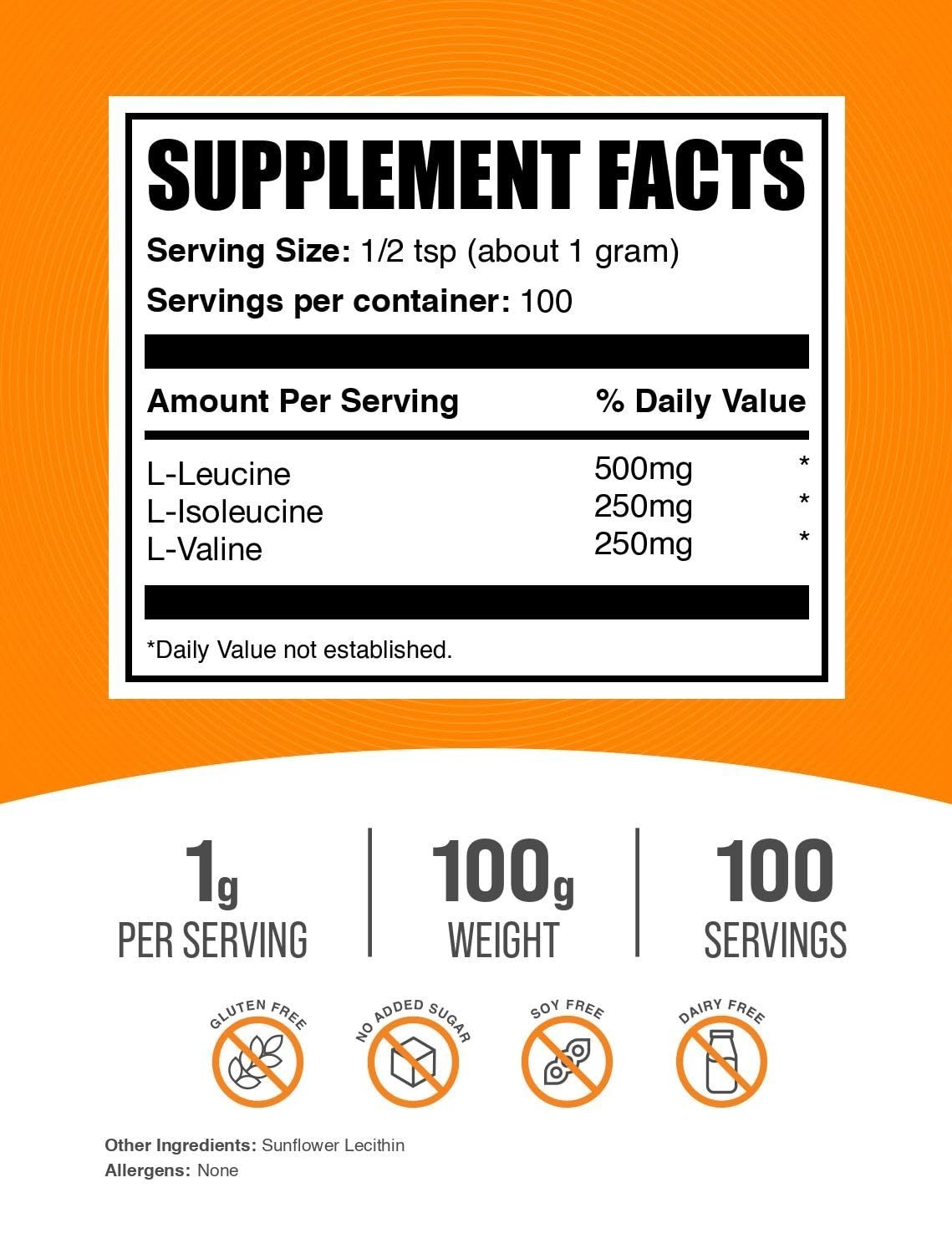 BCAA 2:1:1 Powder – Unflavored Amino Acids, Gluten Free, 100g, Muscle Recovery