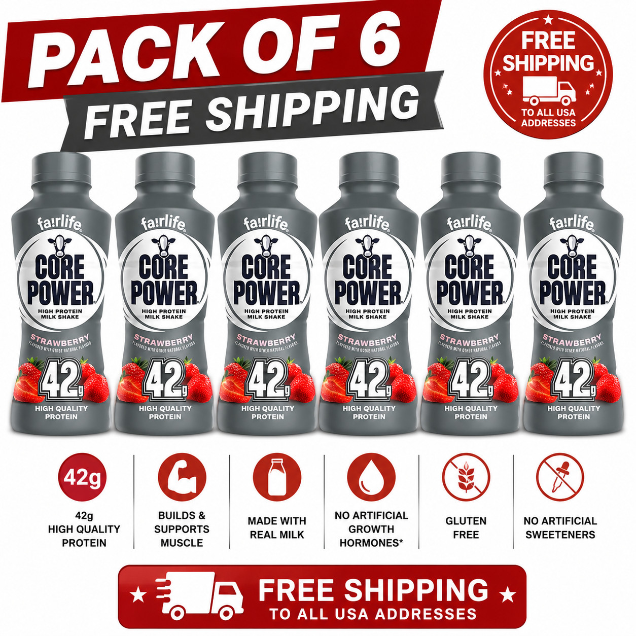 Core Power Elite Protein Shakes Strawberry 42 g, 14 Oz – 6 Bottles