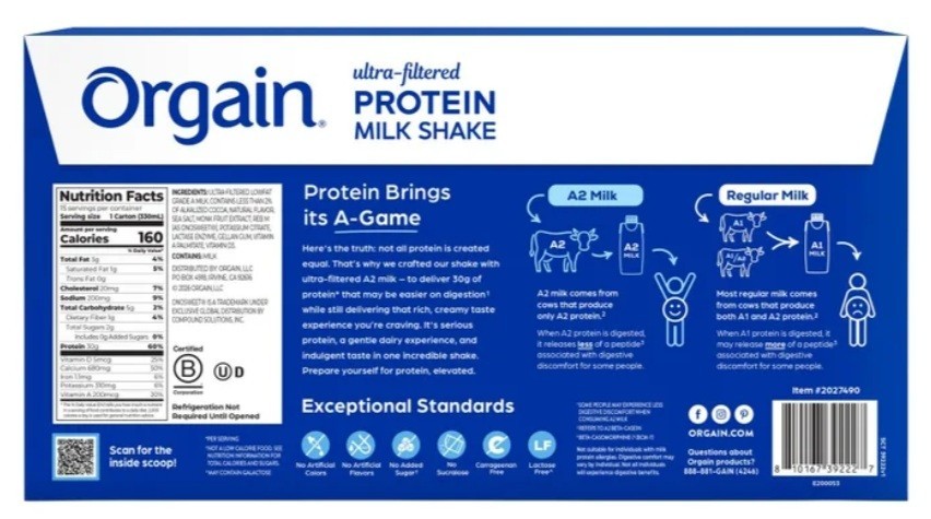 Orgain 30g Ultra Filtered A2 Milk Protein Shake, Chocolate, 11 fl oz, 15-count