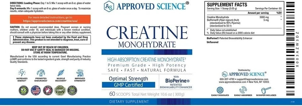 Approved Science Creatine Monohydrate Powder with BioPerine – Supports Lean Musc