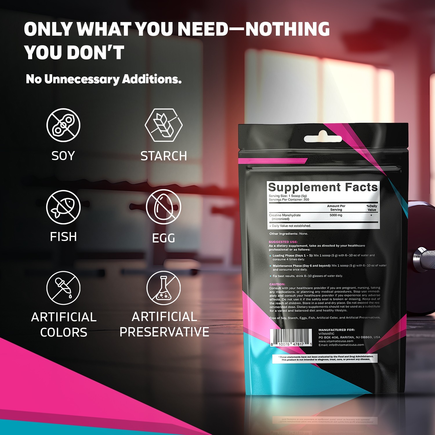 Vitamatic Creatine Monohydrate Powder – 5000 mg Per Serving, 1 kg