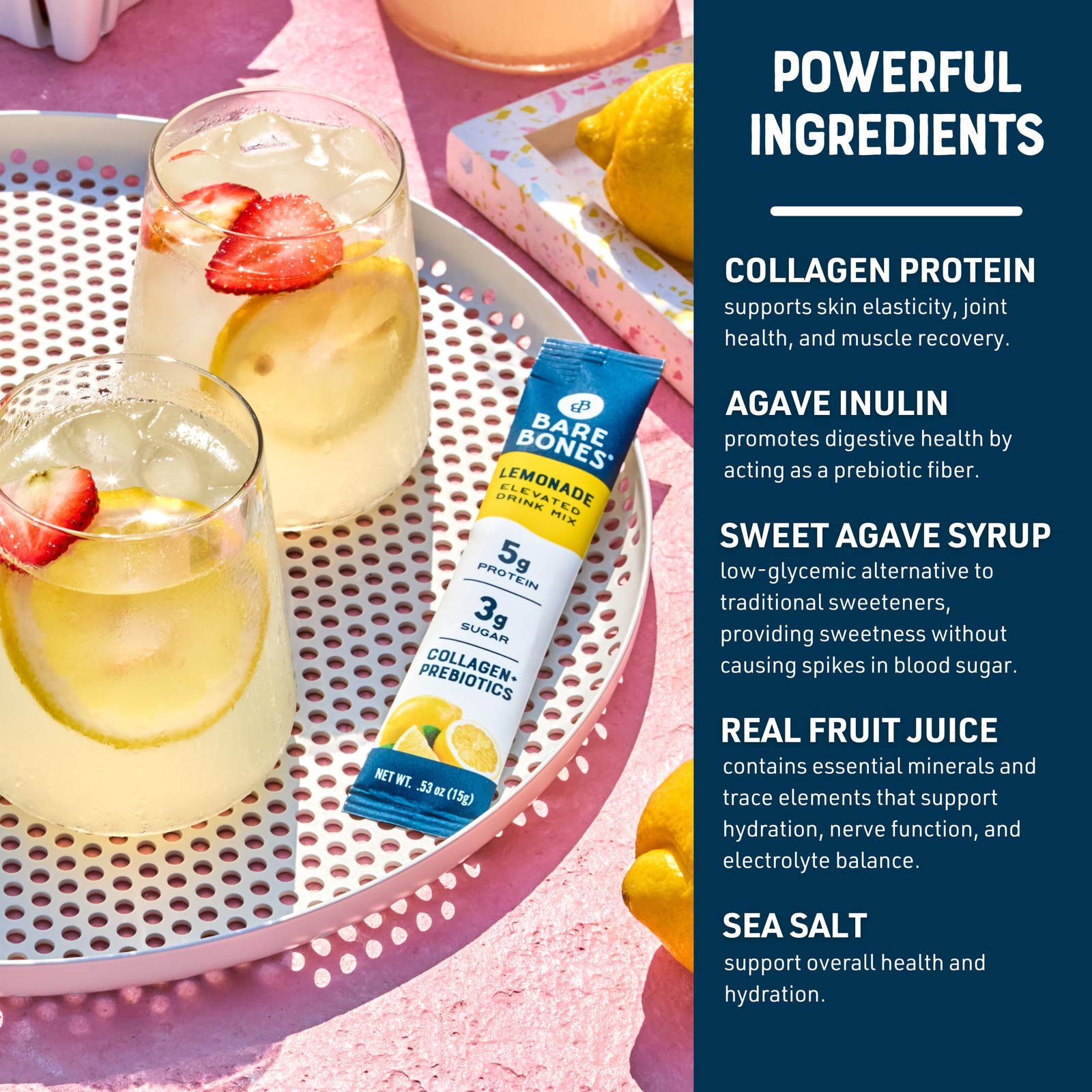 Bare Bones Lemonade Collagen Peptides Powder Drink Mix Packets | 5g Protein