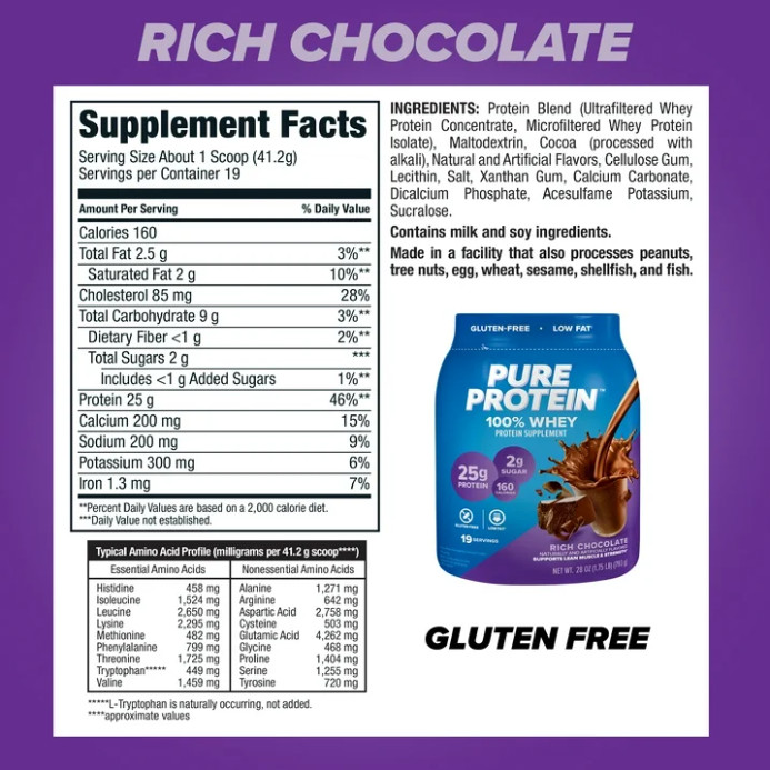 Pure Protein 100% Whey Powder, Rich Chocolate, 25g Protein, 1.75 lb