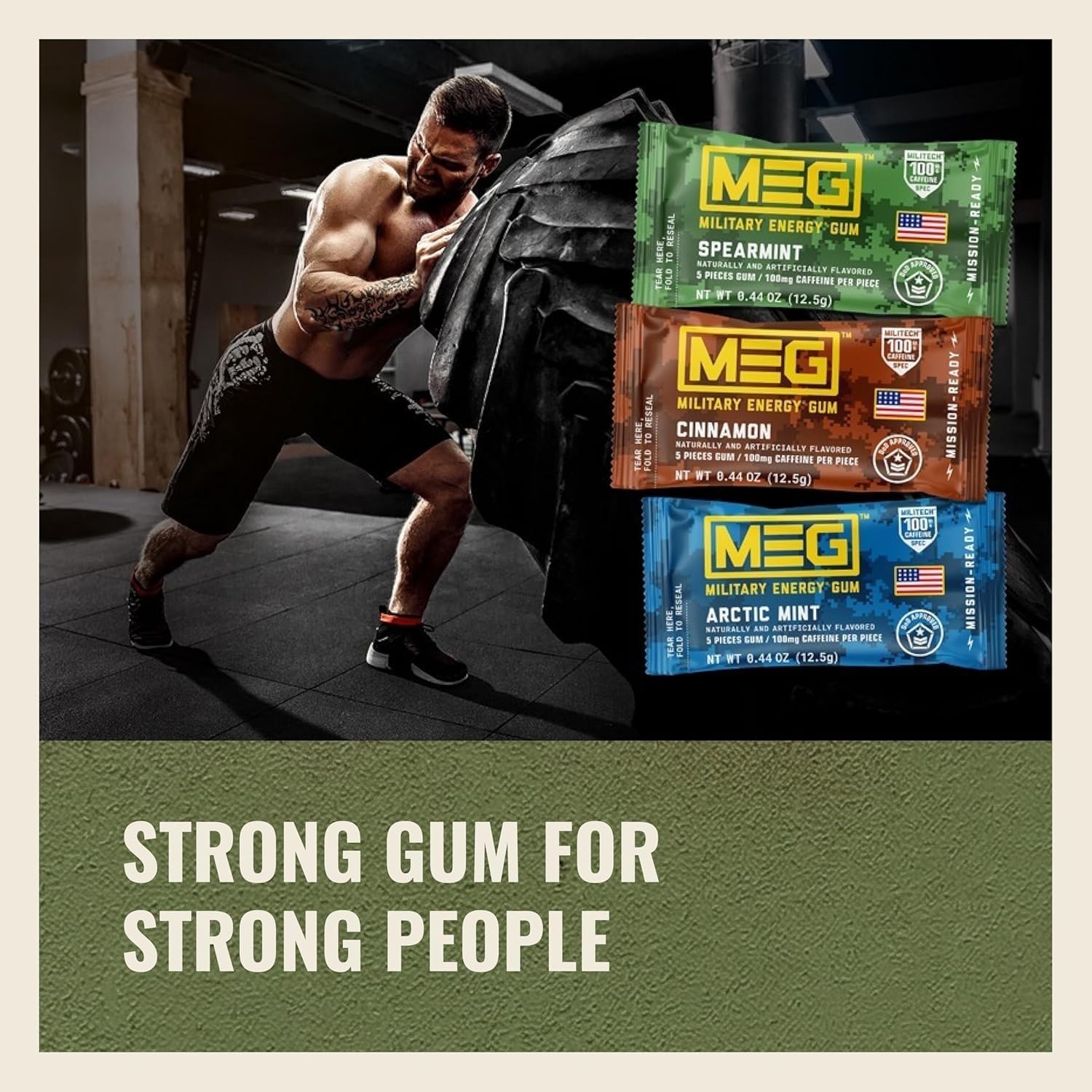 MEG Military Energy Gum – Spearmint | 100mg Caffeine – 20 Count