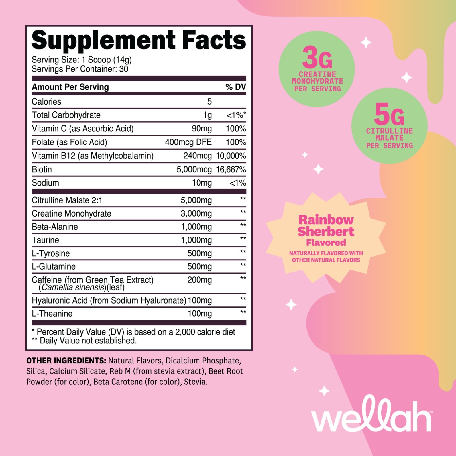 Wellah Pre-Workout + Creatine Powder (30 Servings) Rainbow Sherbert -3g Creatine