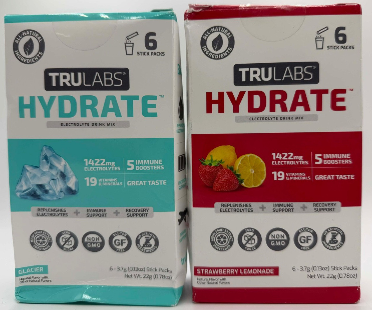 2PK Trulabs Hydrate Drink Mix ~ Glacier & Strawberry Lemonade FLVR ~ 6 STICKS EA