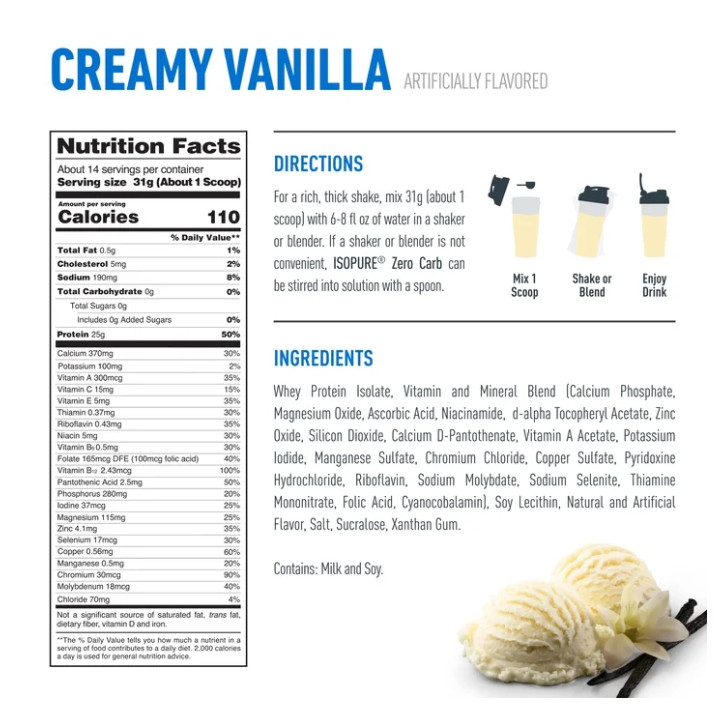 Isopure Zero Carb Whey Isolate, Creamy Vanilla, 14 Servings