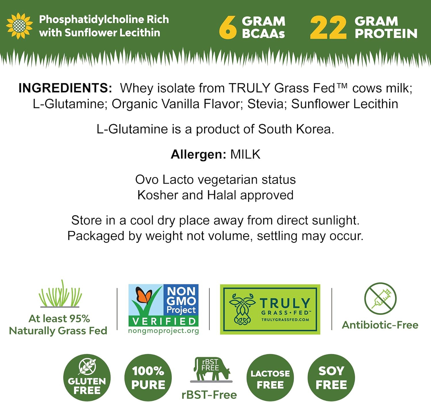 Grass-Fed Whey Protein Isolate Powder – Creamy Vanilla Flavor – 1 Lb Bag | 100%