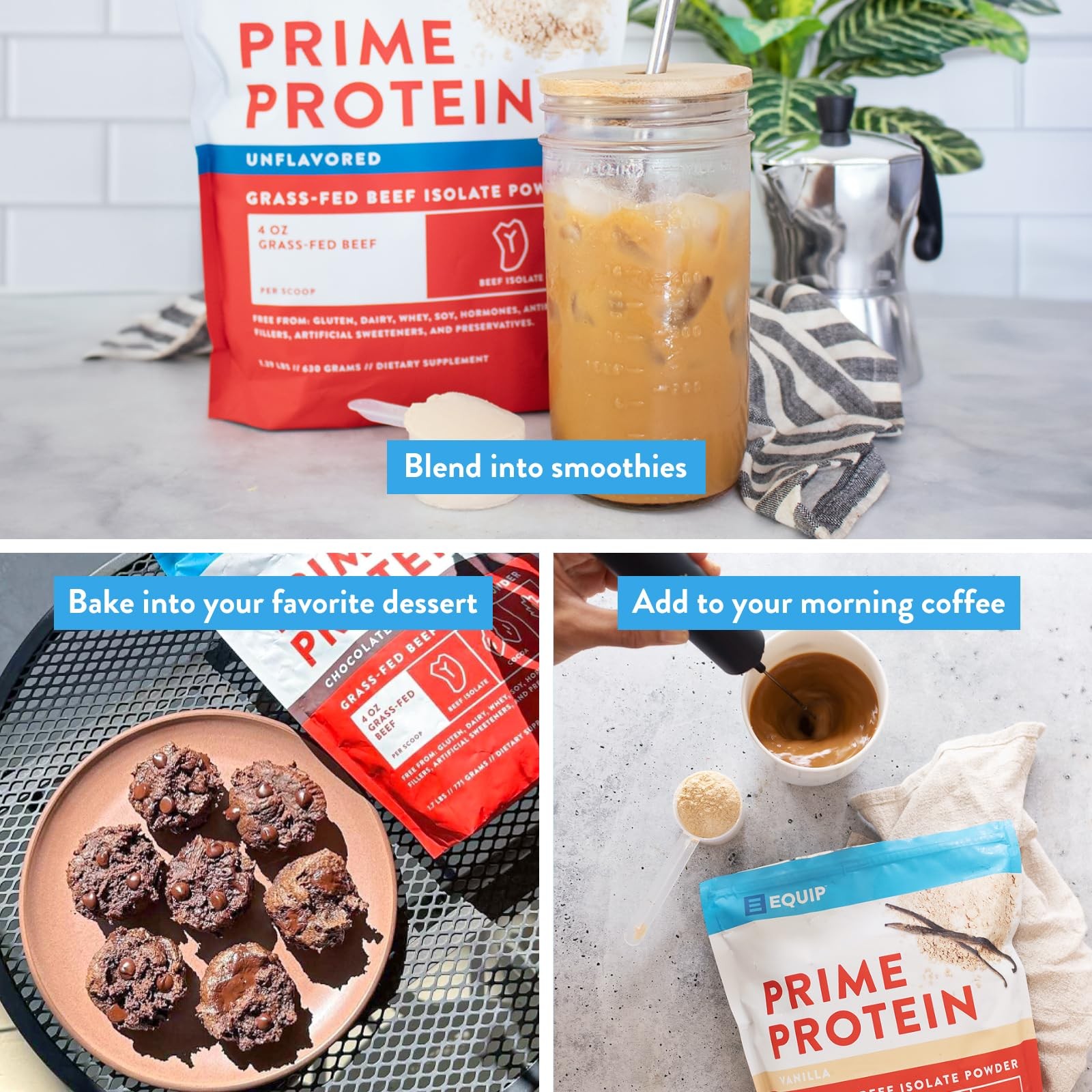 Equip Foods Prime Protein Powder Grass Fed Beef Protein 30 Servings, Unflavored.