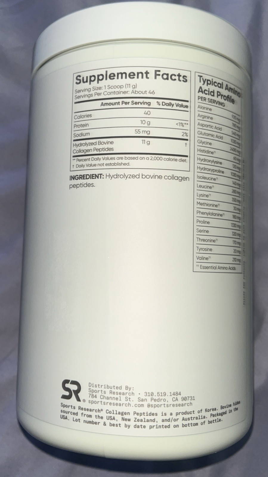 SPORTS RESEARCH HYDROLYZED COLLAGEN PEPTIDES GLUTEN FREE 18 OZ 1.12 LB 510 GRAMS
