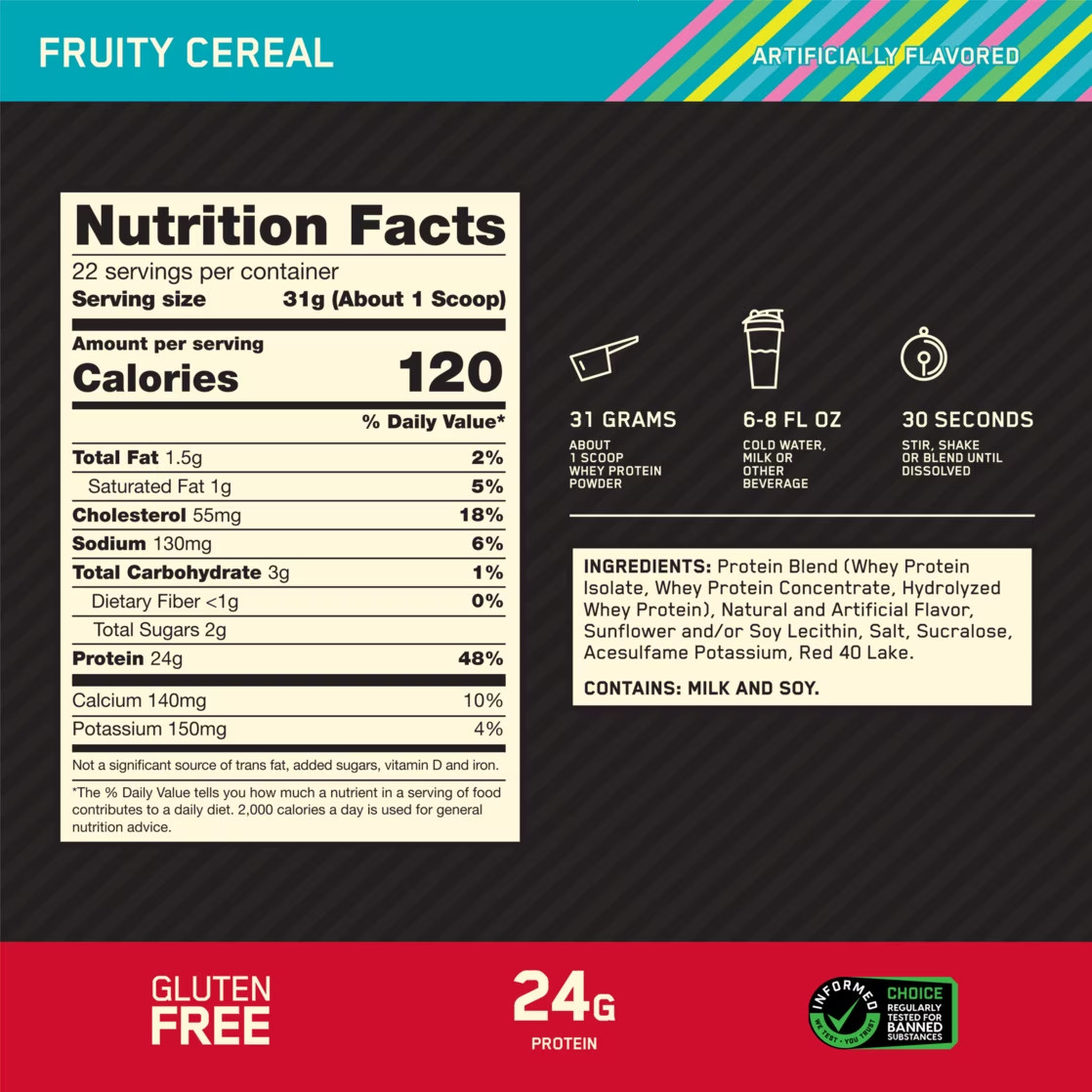 Optimum Nutrition Gold Standard 100% Whey Protein Powder, Fruity Cereal, 1.5 lb
