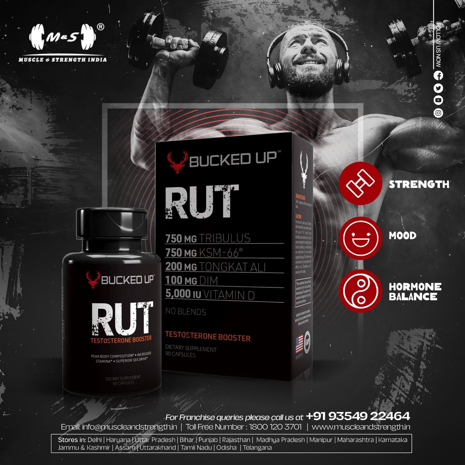 Bucked up Rut Testosterone Booster 90 Caps 750mg Tribulus 750mg KSM-66 No Blends
